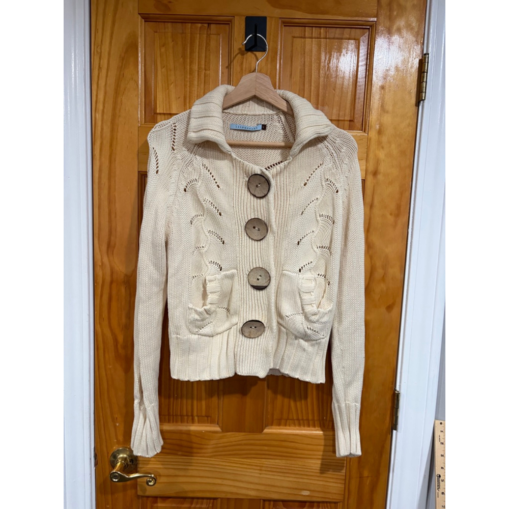 Lily McNeal Cream Chunky Knit Button Sweater Jacket L 100% Cotton Cozy Preppy